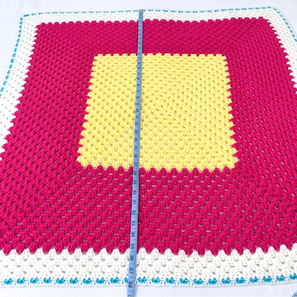 Crochet small blanket handmade throw baby blanket in pink, yellow, white & blue